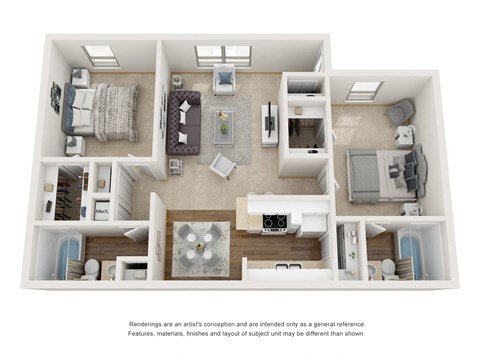 Floor plan for 2 beds, 2 baths, 960 sqft